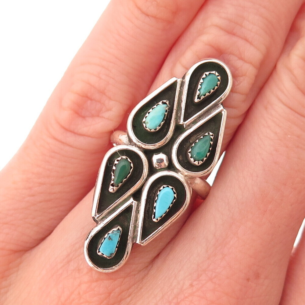Old Pawn Sterling Silver Vintage Southwestern Turquoise Tribal Ring Size 5.25